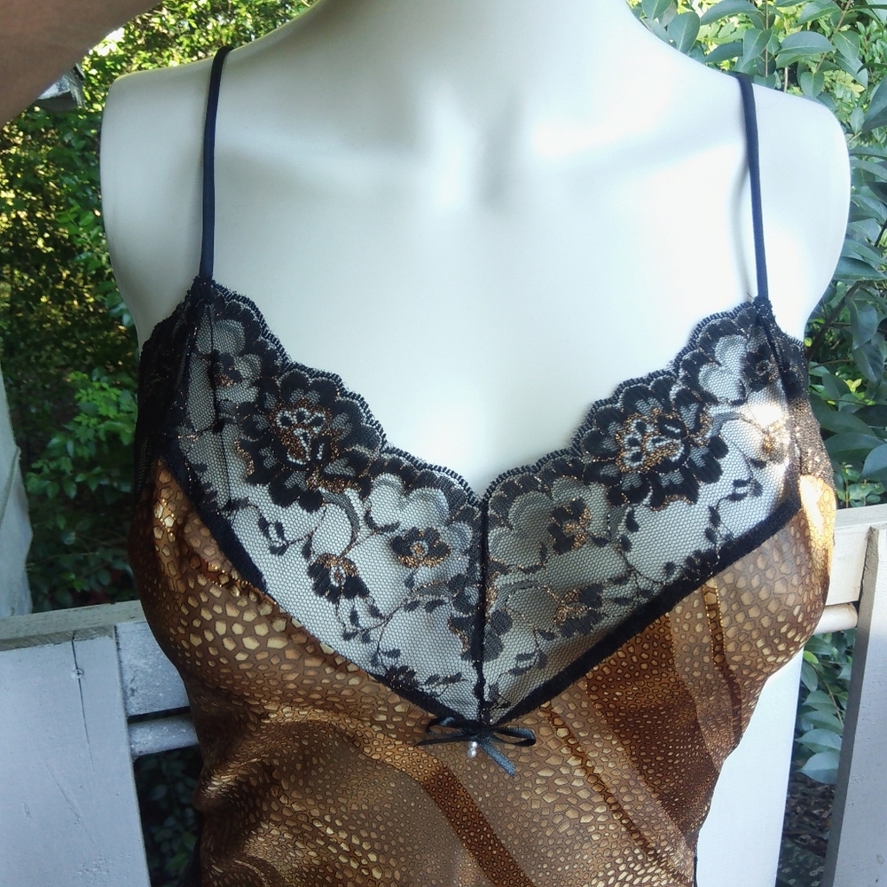 Shirley of Hollywood Vintage 80s 90s Gold Black Lace Sheer Mesh Teddy Lingerie - Picture 7 of 14